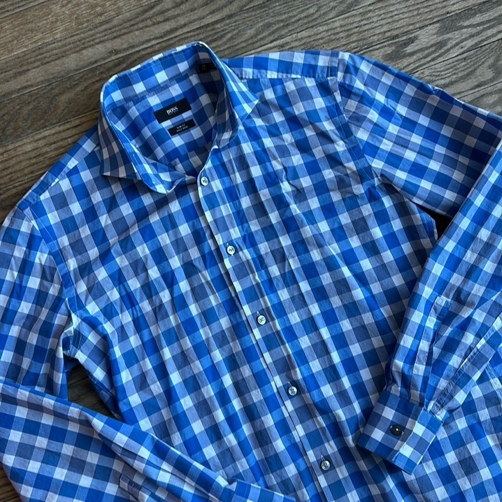 Hugo Boss Slim Fit Easy Iron Dress Shirt Blue White Checked 15 1/2-35 EUC